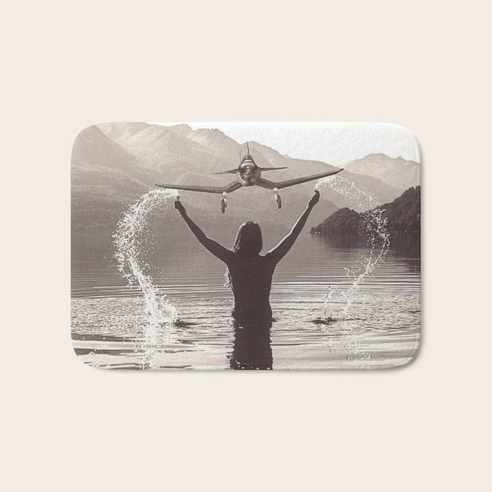Water wings plane landing on mountain lake female portrait black and white photograph - photography - photographs Bath Mat Gallery Image 1