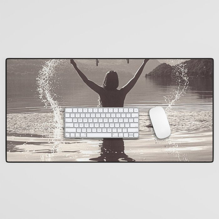 Water wings plane landing on mountain lake female portrait black and white photograph - photography - photographs Desk Mat Gallery Image 1