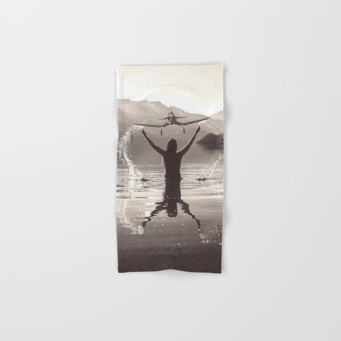 Water wings plane landing on mountain lake female portrait black and white photograph - photography - photographs Bath Towel Gallery Image 1
