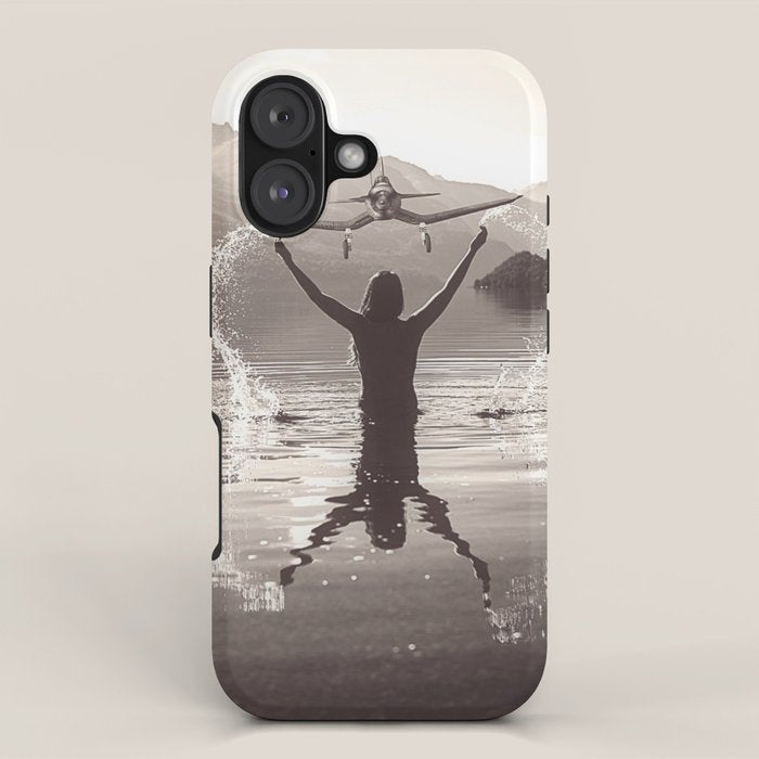 Water wings plane landing on mountain lake female portrait black and white photograph - photography - photographs iPhone Case Gallery Image 1
