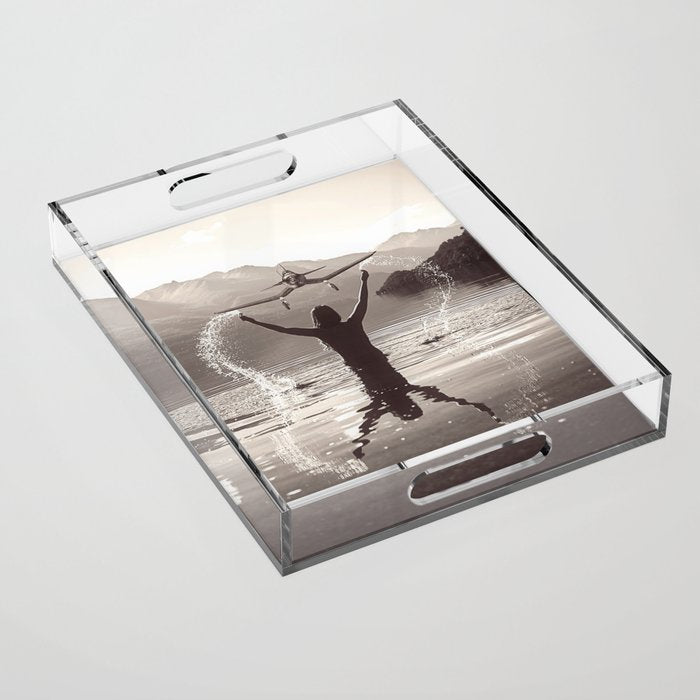 Water wings plane landing on mountain lake female portrait black and white photograph - photography - photographs Acrylic Tray Gallery Image 1