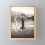 Water wings plane landing on mountain lake female portrait black and white photograph - photography - photographs Mini Art Print Gallery Image 1