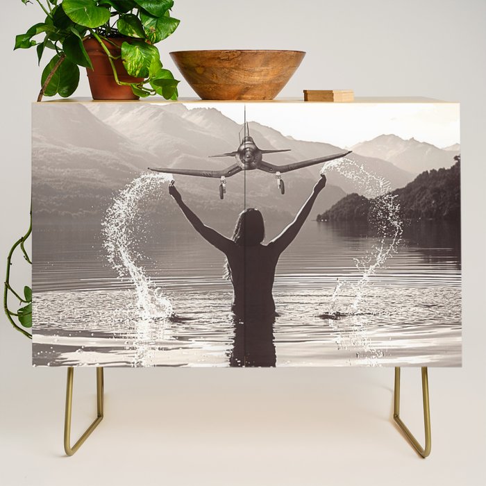 Water wings plane landing on mountain lake female portrait black and white photograph - photography - photographs Credenza Gallery Image 1