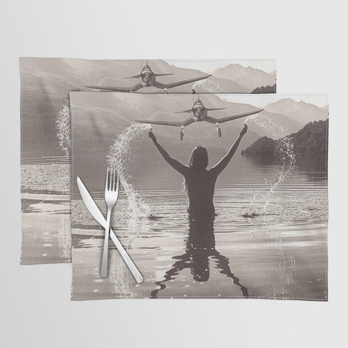 Water wings plane landing on mountain lake female portrait black and white photograph - photography - photographs Placemat Gallery Image 1