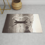 Water wings plane landing on mountain lake female portrait black and white photograph - photography - photographs Rug Gallery Image 1