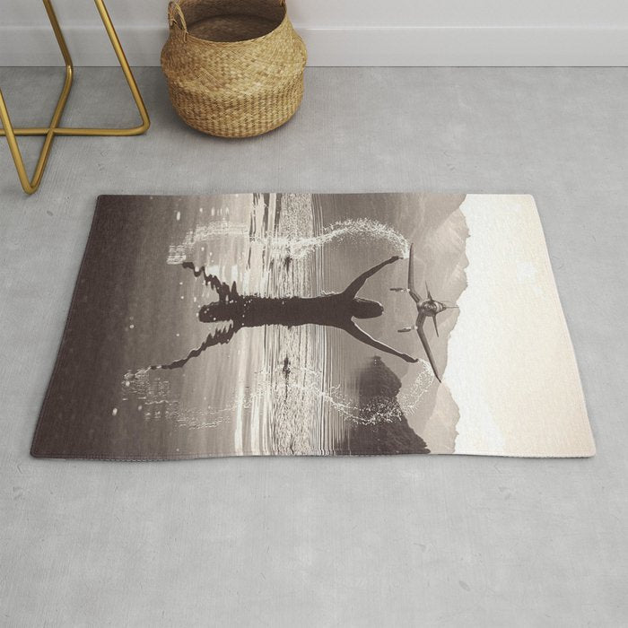 Water wings plane landing on mountain lake female portrait black and white photograph - photography - photographs Rug Gallery Image 1