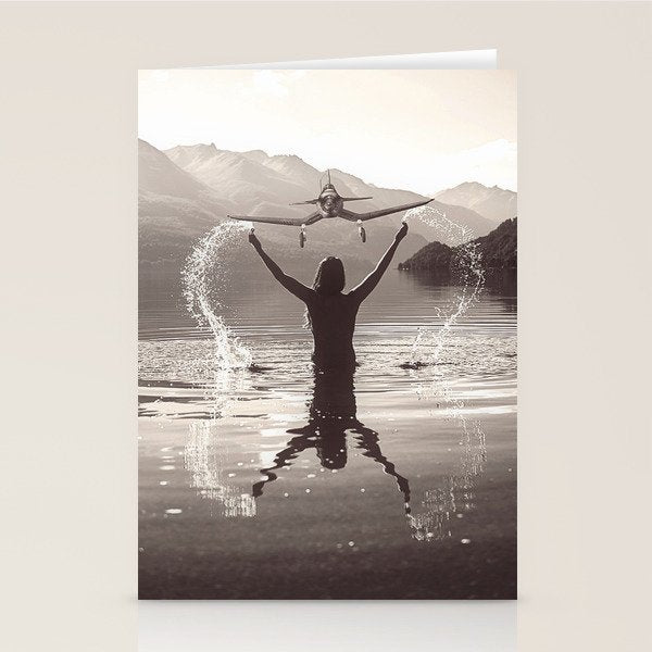 Water wings plane landing on mountain lake female portrait black and white photograph - photography - photographs Stationery Card Gallery Image 1