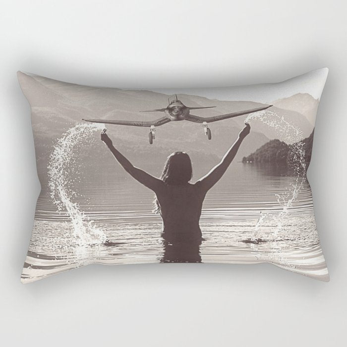 Water wings plane landing on mountain lake female portrait black and white photograph - photography - photographs Rectangular Pillow Gallery Image 2