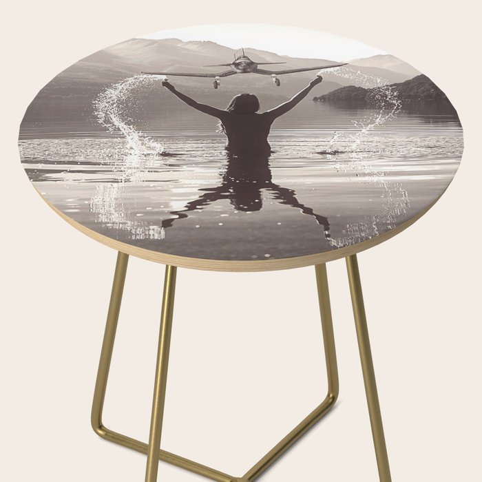 Water wings plane landing on mountain lake female portrait black and white photograph - photography - photographs Side Table Gallery Image 2