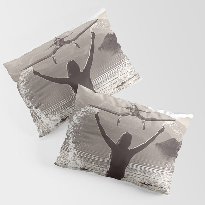 Water wings plane landing on mountain lake female portrait black and white photograph - photography - photographs Pillow Sham Gallery Image 3
