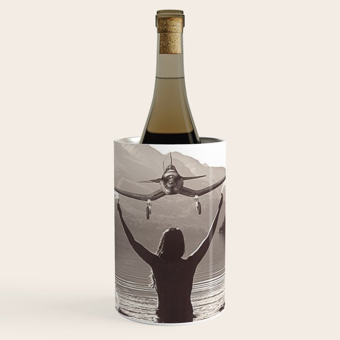 Water wings plane landing on mountain lake female portrait black and white photograph - photography - photographs Wine Chiller Gallery Image 1