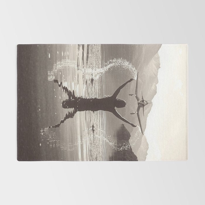 Water wings plane landing on mountain lake female portrait black and white photograph - photography - photographs Rug Gallery Image 2