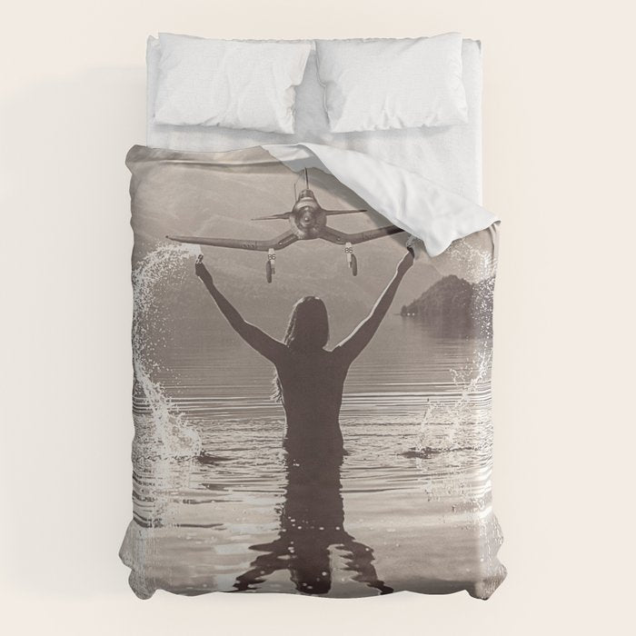 Water wings plane landing on mountain lake female portrait black and white photograph - photography - photographs Duvet Cover Gallery Image 6