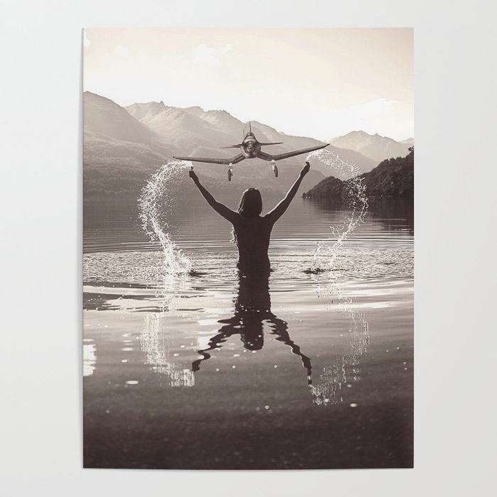 Water wings plane landing on mountain lake female portrait black and white photograph - photography - photographs Poster Gallery Image 4