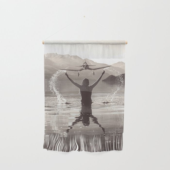 Water wings plane landing on mountain lake female portrait black and white photograph - photography - photographs Wall Hanging Gallery Image 1