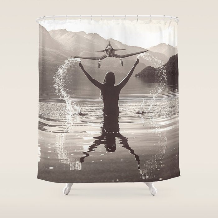 Water wings plane landing on mountain lake female portrait black and white photograph - photography - photographs Shower Curtain Gallery Image 1