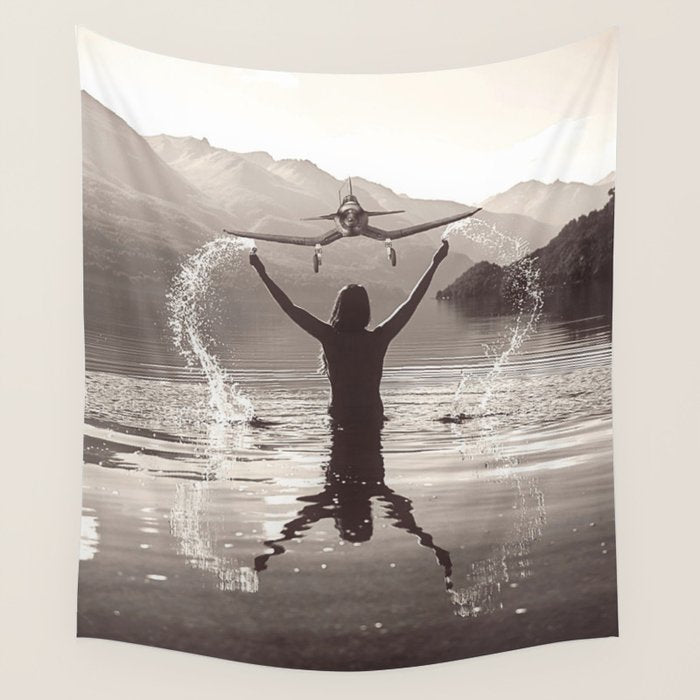 Water wings plane landing on mountain lake female portrait black and white photograph - photography - photographs Wall Tapestry Gallery Image 4