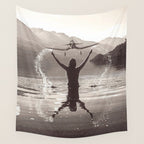 Water wings plane landing on mountain lake female portrait black and white photograph - photography - photographs Wall Tapestry Gallery Image 4