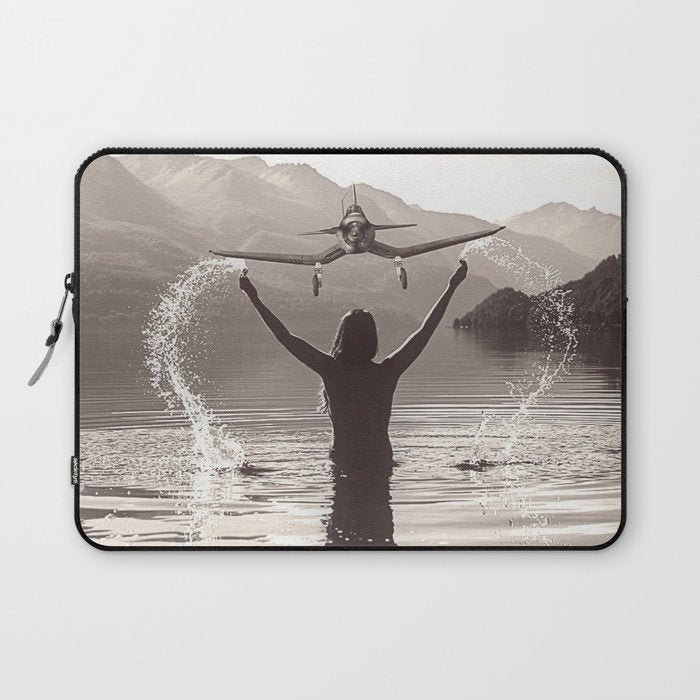 Water wings plane landing on mountain lake female portrait black and white photograph - photography - photographs Laptop Sleeve Gallery Image 1