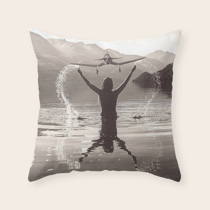 Water wings plane landing on mountain lake female portrait black and white photograph - photography - photographs Throw Pillow Gallery Image 6