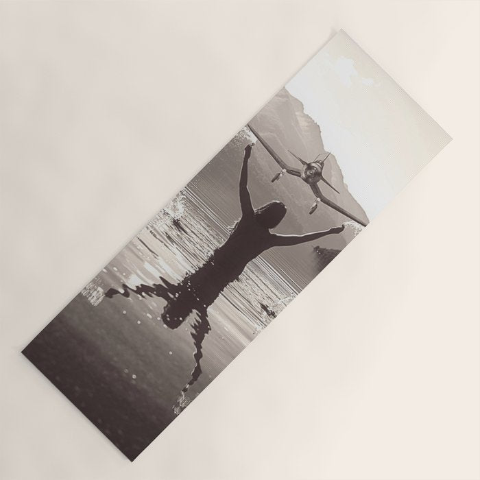 Water wings plane landing on mountain lake female portrait black and white photograph - photography - photographs Yoga Mat Gallery Image 1