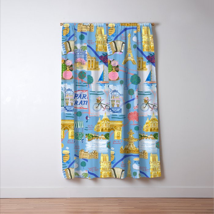 Paris France Map Illustration & Pattern in Blue Window Curtain Gallery Image 3