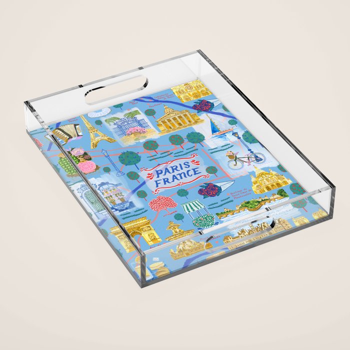 Paris France Map Illustration & Pattern in Blue Acrylic Tray Gallery Image 1