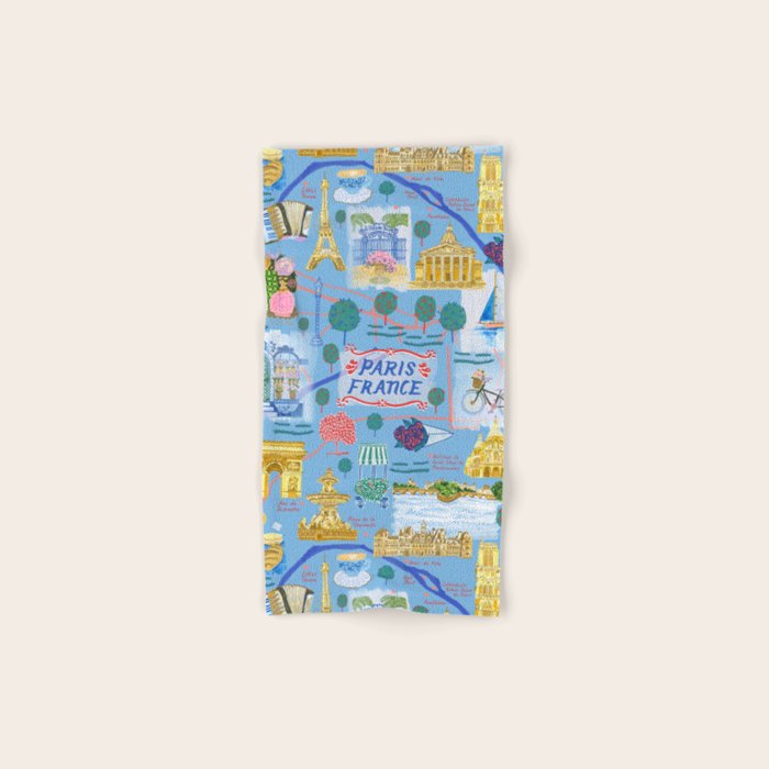Paris France Map Illustration & Pattern in Blue Bath Towel Gallery Image 1