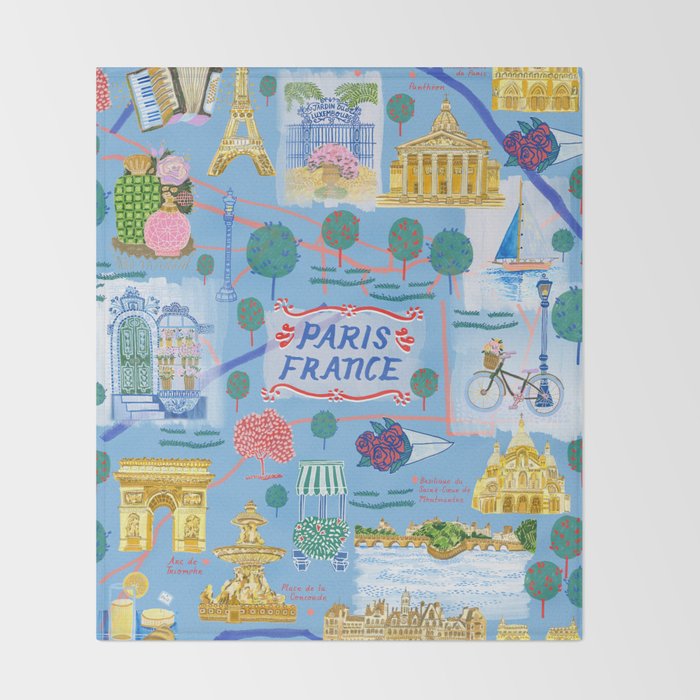 Paris France Map Illustration & Pattern in Blue Throw Blanket Gallery Image 2