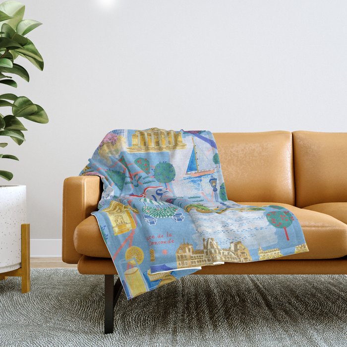 Paris France Map Illustration & Pattern in Blue Throw Blanket Gallery Image 1