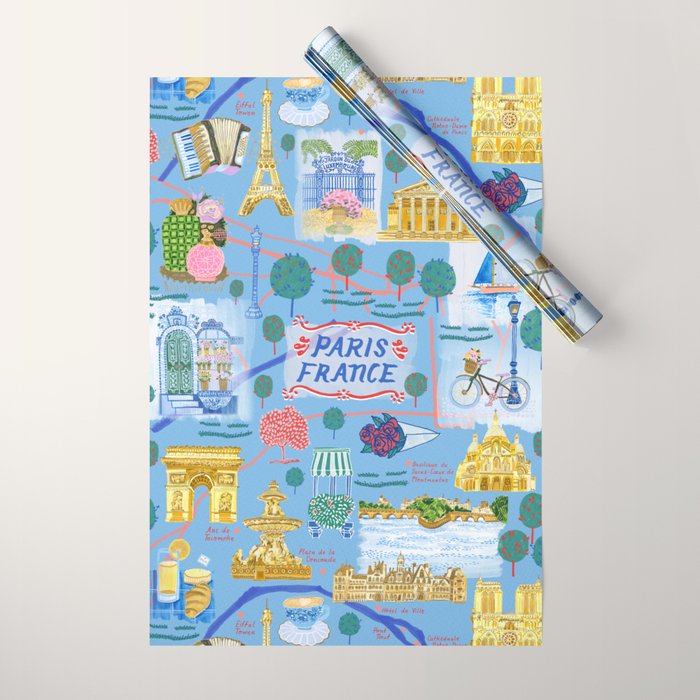 Paris France Map Illustration & Pattern in Blue Wrapping Paper Gallery Image 1