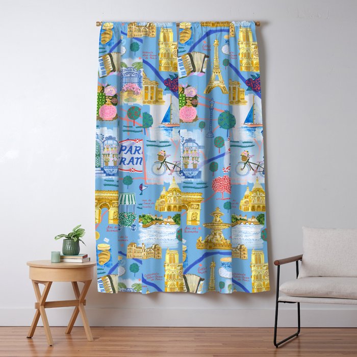 Paris France Map Illustration & Pattern in Blue Window Curtain Gallery Image 5