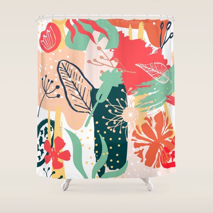 Summer Floral Prints, Abstract, Red and Green, Colourful Prints. Shower Curtain Gallery Image 1