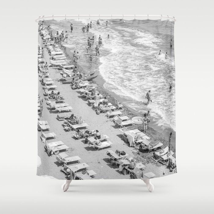 Beach Day in Italy | Black and White Travel Photography in Europe Art Print | Summer on the Coast in Naples Shower Curtain Gallery Image 1