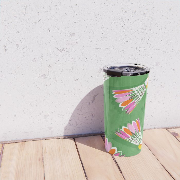 Badminton Birdie Pop Art court sport pattern on bright green Travel Mug Gallery Image 4