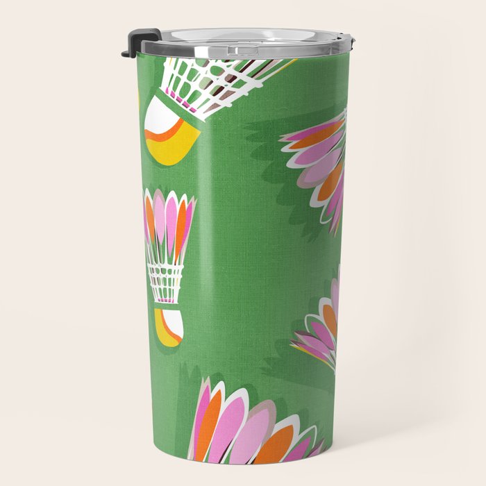 Badminton Birdie Pop Art court sport pattern on bright green Travel Mug Gallery Image 3