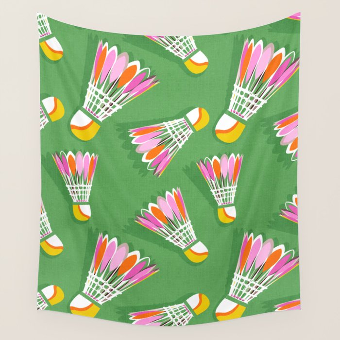 Badminton Birdie Pop Art court sport pattern on bright green Wall Tapestry Gallery Image 4