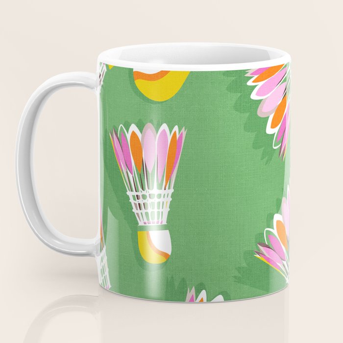 Badminton Birdie Pop Art court sport pattern on bright green Coffee Mug Gallery Image 3