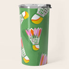 Badminton Birdie Pop Art court sport pattern on bright green Travel Mug Gallery Image 2