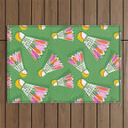 Badminton Birdie Pop Art court sport pattern on bright green Outdoor Rug Gallery Image 1