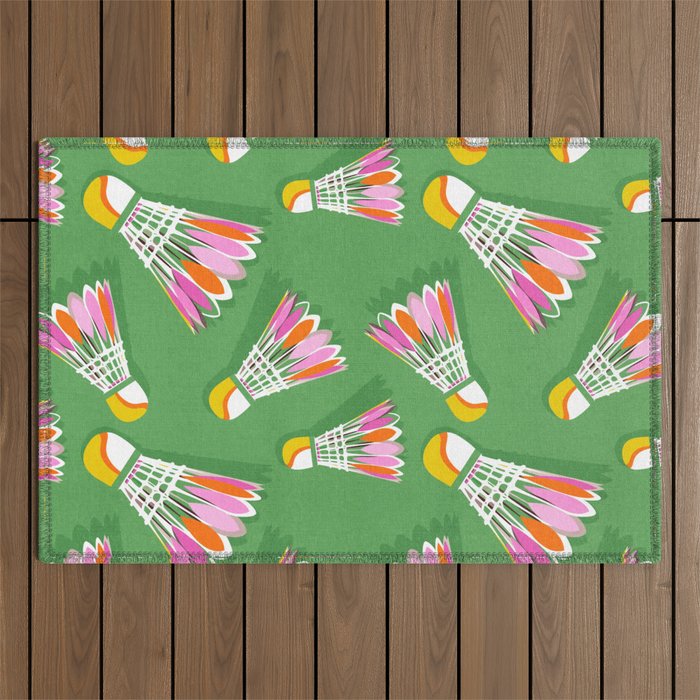 Badminton Birdie Pop Art court sport pattern on bright green Outdoor Rug Gallery Image 1