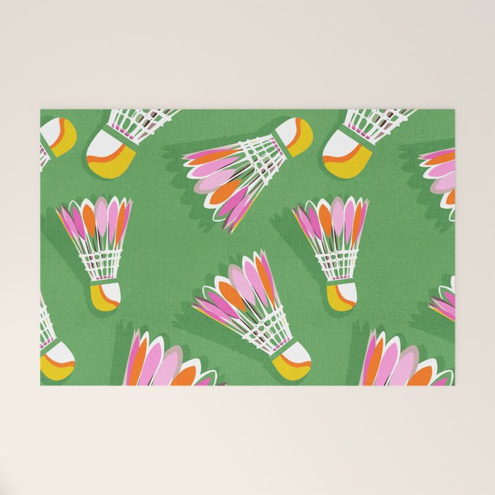 Badminton Birdie Pop Art court sport pattern on bright green Welcome Mat Gallery Image 1