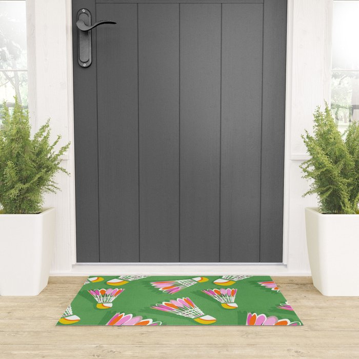 Badminton Birdie Pop Art court sport pattern on bright green Welcome Mat Gallery Image 3