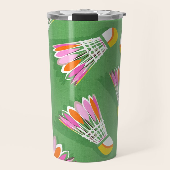 Badminton Birdie Pop Art court sport pattern on bright green Travel Mug Gallery Image 1
