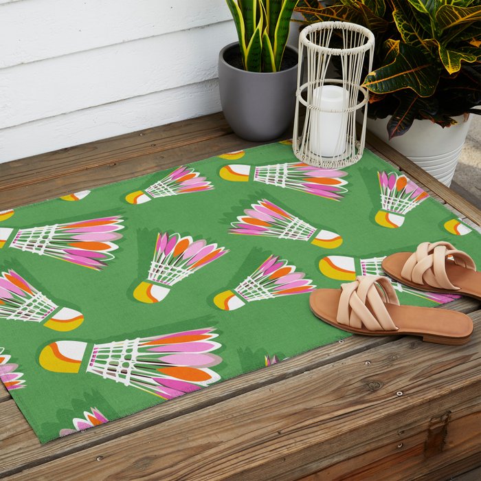 Badminton Birdie Pop Art court sport pattern on bright green Outdoor Rug Gallery Image 2