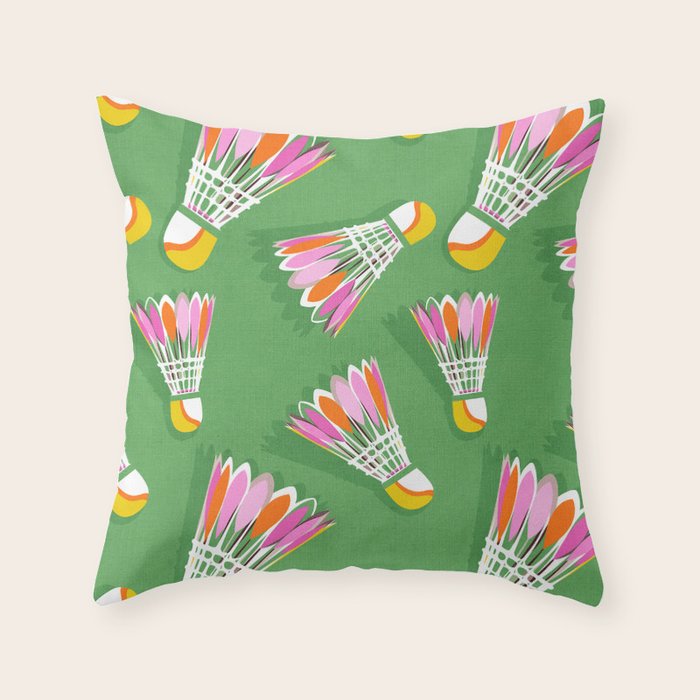 Badminton Birdie Pop Art court sport pattern on bright green Throw Pillow Gallery Image 1