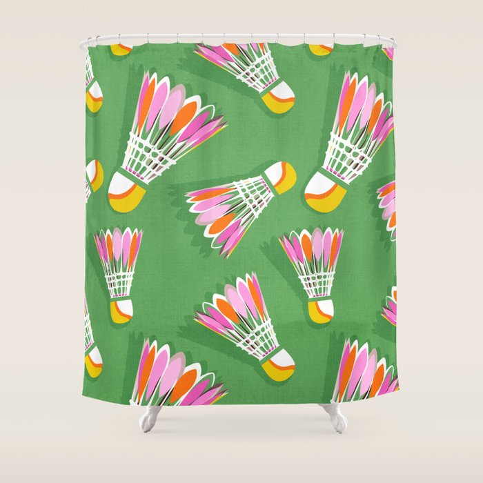 Badminton Birdie Pop Art court sport pattern on bright green Shower Curtain Gallery Image 1