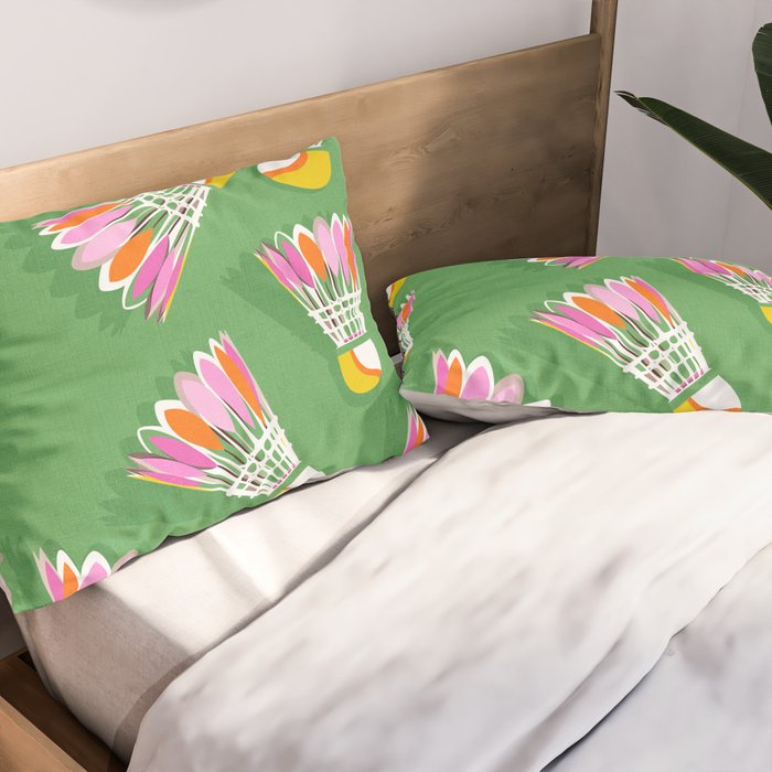 Badminton Birdie Pop Art court sport pattern on bright green Pillow Sham Gallery Image 2