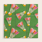 Badminton Birdie Pop Art court sport pattern on bright green Wood Wall Art Gallery Image 1
