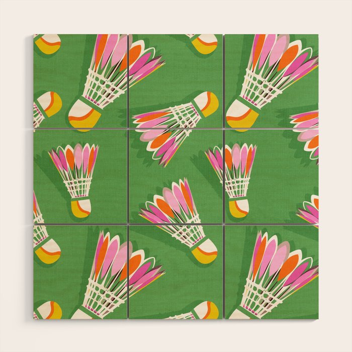 Badminton Birdie Pop Art court sport pattern on bright green Wood Wall Art Gallery Image 1
